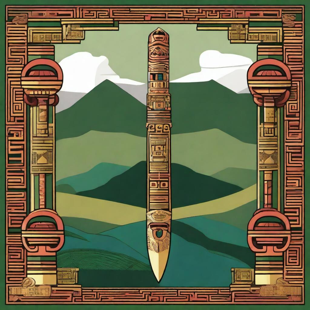 A vibrant and detailed illustration of Tumi, the ceremonial knife of the Inca civilization