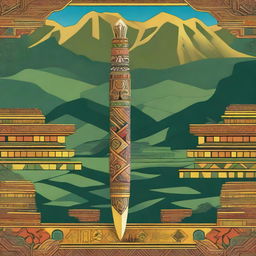 A vibrant and detailed illustration of Tumi, the ceremonial knife of the Inca civilization