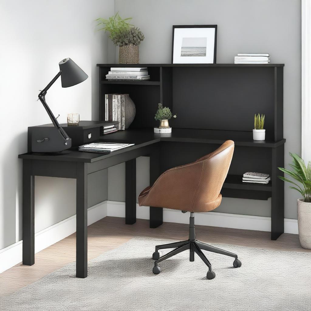 A modern L-shaped desk in a well-organized home office