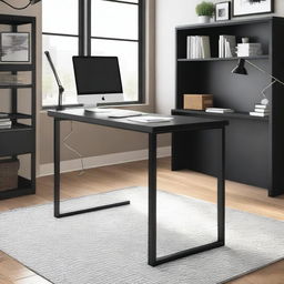 A modern L-shaped desk in a well-organized home office