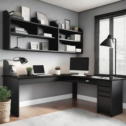 A modern L-shaped desk in a well-organized home office