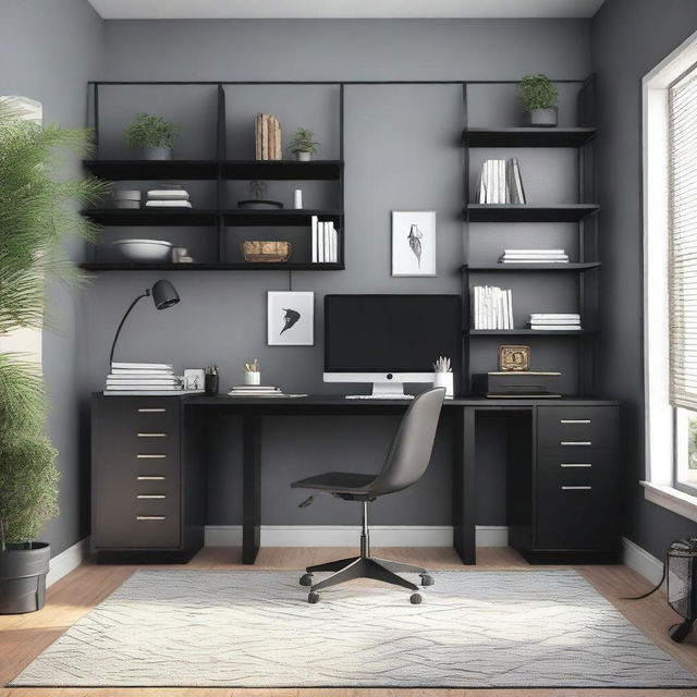 A modern L-shaped desk in a well-organized home office