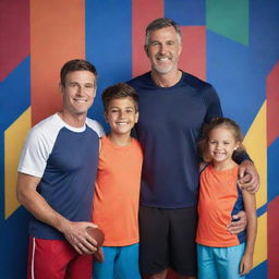 A proud father standing with his athletic son and daughter in their respective sports gear, all of them smiling, set against a colorful backdrop.