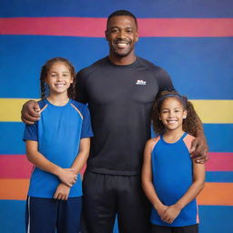 A proud father standing with his athletic son and daughter in their respective sports gear, all of them smiling, set against a colorful backdrop.