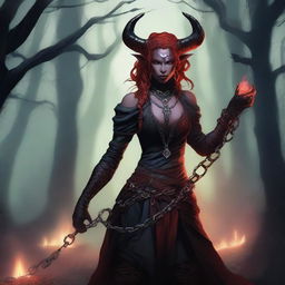 A female Tiefling character standing confidently with chains wrapped around her arms