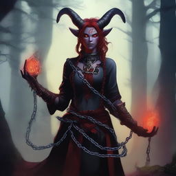 A female Tiefling character standing confidently with chains wrapped around her arms