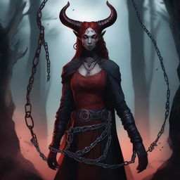 A female Tiefling character standing confidently with chains wrapped around her arms