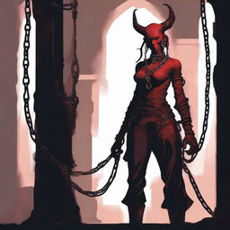 A female Tiefling prisoner standing with chains binding her wrists and ankles