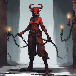 A female Tiefling prisoner standing with chains binding her wrists and ankles