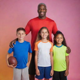 A proud father standing with his athletic son and daughter in their respective sports gear, all of them smiling, set against a colorful backdrop.