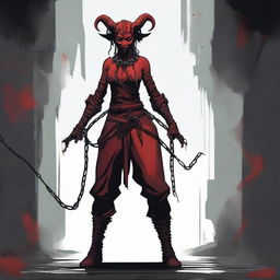 A female Tiefling prisoner standing with chains binding her wrists and ankles