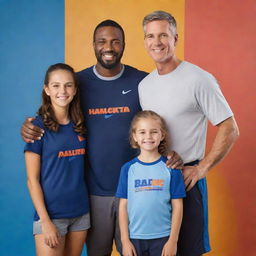 A proud father standing with his athletic son and daughter in their respective sports gear, all of them smiling, set against a colorful backdrop.