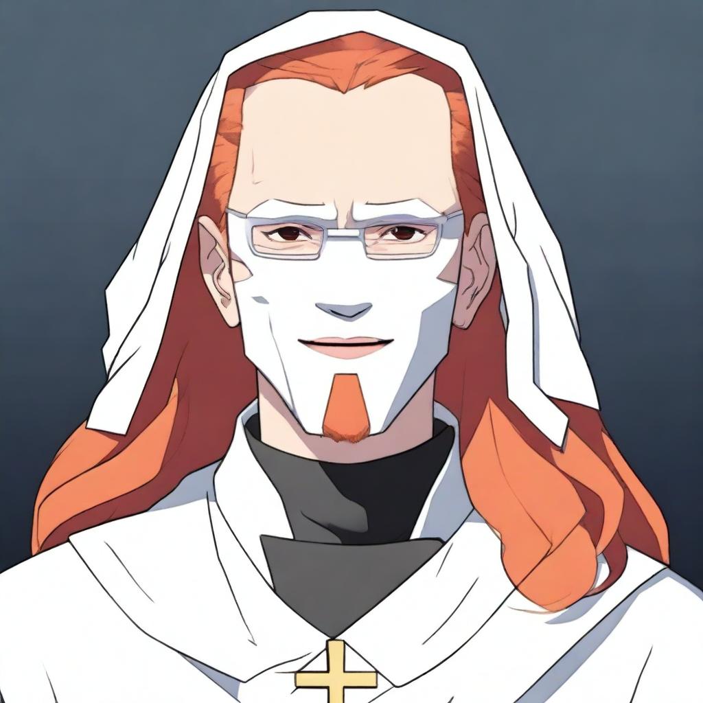 A 35-year-old man with long red hair, wearing a white mask on the left side of his face