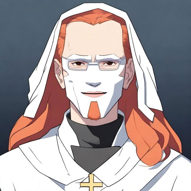 A 35-year-old man with long red hair, wearing a white mask on the left side of his face