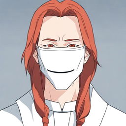 A 35-year-old man with long red hair, wearing a white mask on the left side of his face