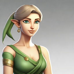 A female character with green eyes and a short, elfin-like stature but with a curvy figure