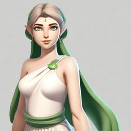 A female character with green eyes and a short, elfin-like stature but with a curvy figure