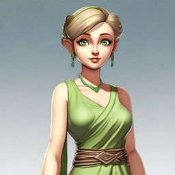 A female character with green eyes and a short, elfin-like stature but with a curvy figure