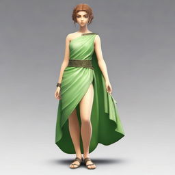 A female character with green eyes and a short, elfin-like stature but with a curvy figure