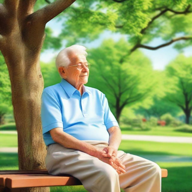 Create an image of an elderly person sitting on a park bench, surrounded by nature