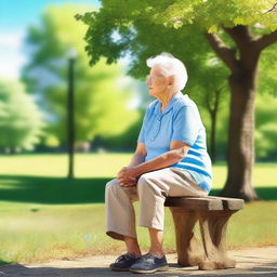 Create an image of an elderly person sitting on a park bench, surrounded by nature