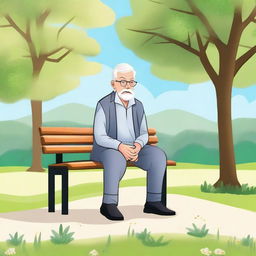 Create an image of an elderly person sitting on a park bench, surrounded by nature