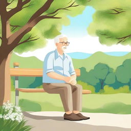 Create an image of an elderly person sitting on a park bench, surrounded by nature