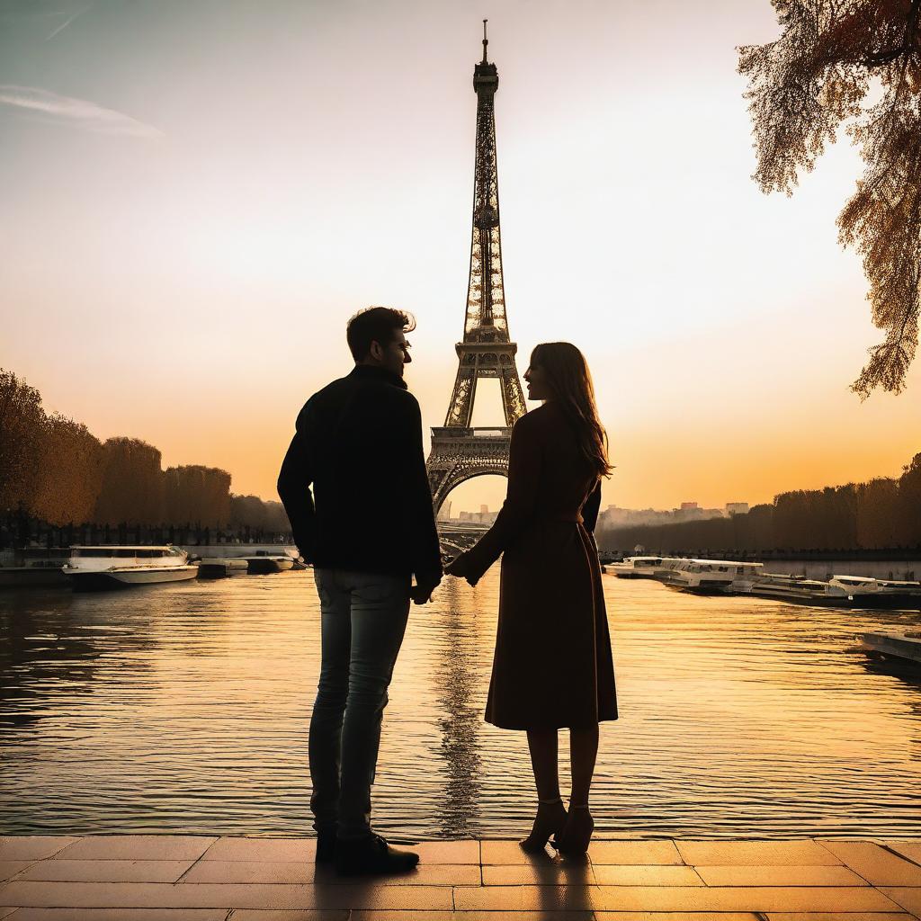 A loving couple standing in front of the Eiffel Tower