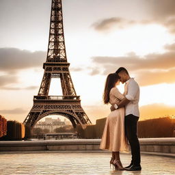 A loving couple standing in front of the Eiffel Tower