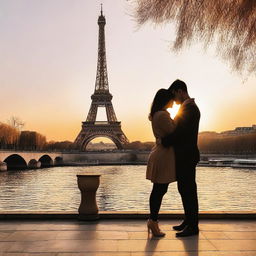 A loving couple standing in front of the Eiffel Tower