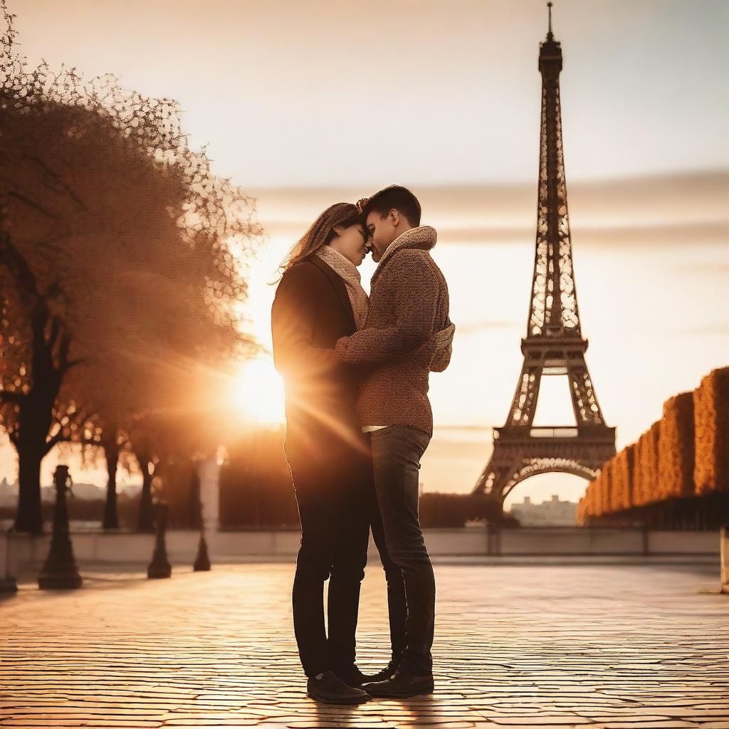 A loving couple standing in front of the Eiffel Tower