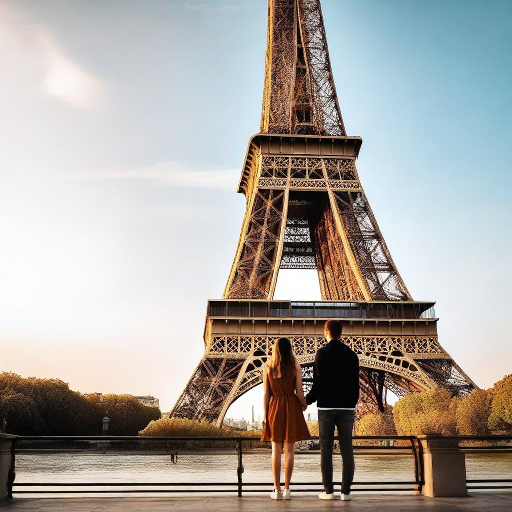 A teenage couple in love standing in front of a beautiful view of the Eiffel Tower