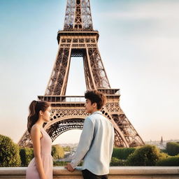 A teenage couple in love standing in front of a beautiful view of the Eiffel Tower