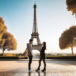 A teenage couple in love standing in front of a beautiful view of the Eiffel Tower