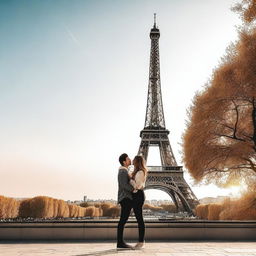 A teenage couple in love standing in front of a beautiful view of the Eiffel Tower