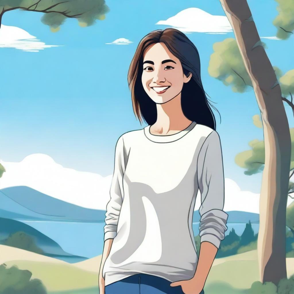 A detailed illustration of a woman standing in a serene environment, with a gentle smile on her face