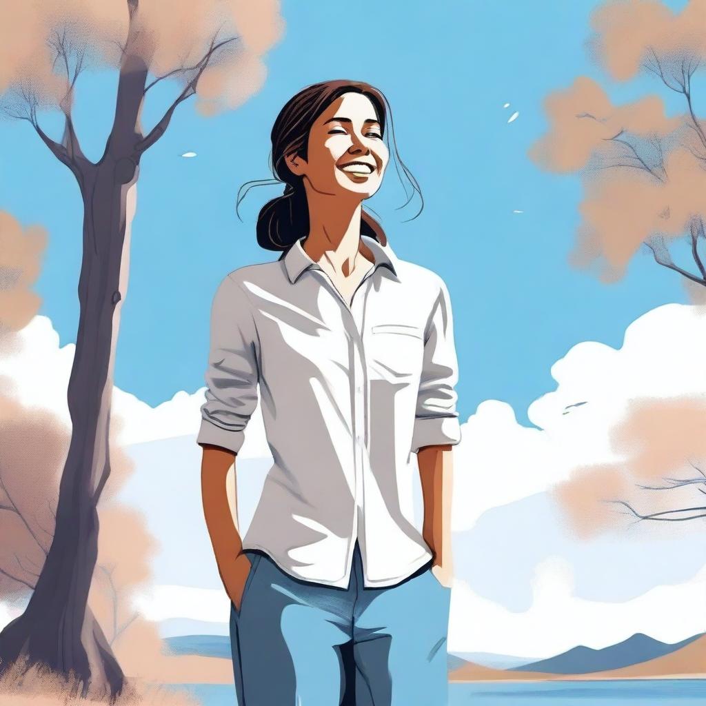 A detailed illustration of a woman standing in a serene environment, with a gentle smile on her face