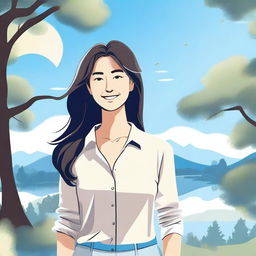 A detailed illustration of a woman standing in a serene environment, with a gentle smile on her face