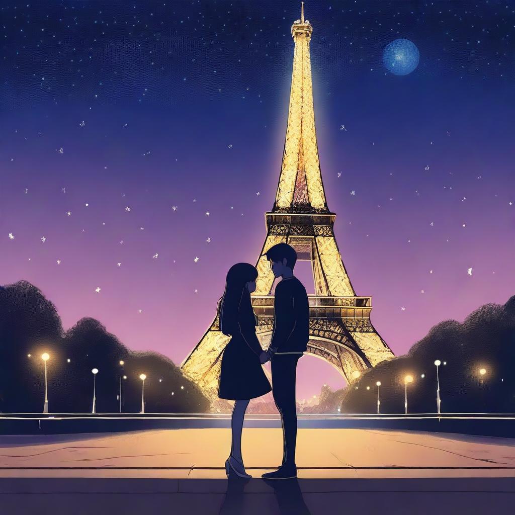 A teenage couple in love stands in front of the Eiffel Tower at night