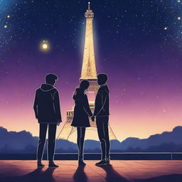 A teenage couple in love stands in front of the Eiffel Tower at night