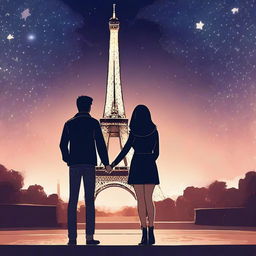 A teenage couple in love stands in front of the Eiffel Tower at night