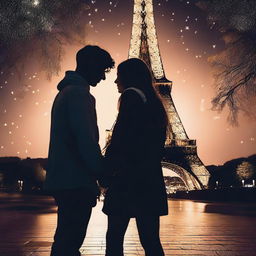 A teenage couple in love stands in front of the Eiffel Tower at night