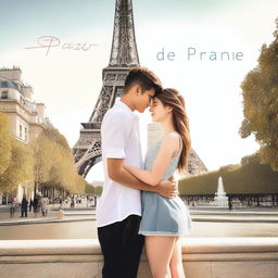 A teenage couple in love standing in front of the Eiffel Tower