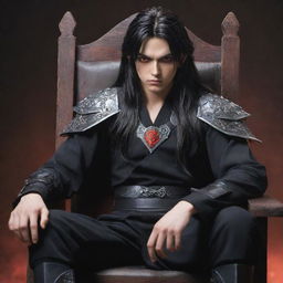 A teenage anime character sitting in a chair, slightly muscular with furious red eyes and long dark hair, emanating dark magic. He is dressed in traditional warrior clothes and looking ahead intently.