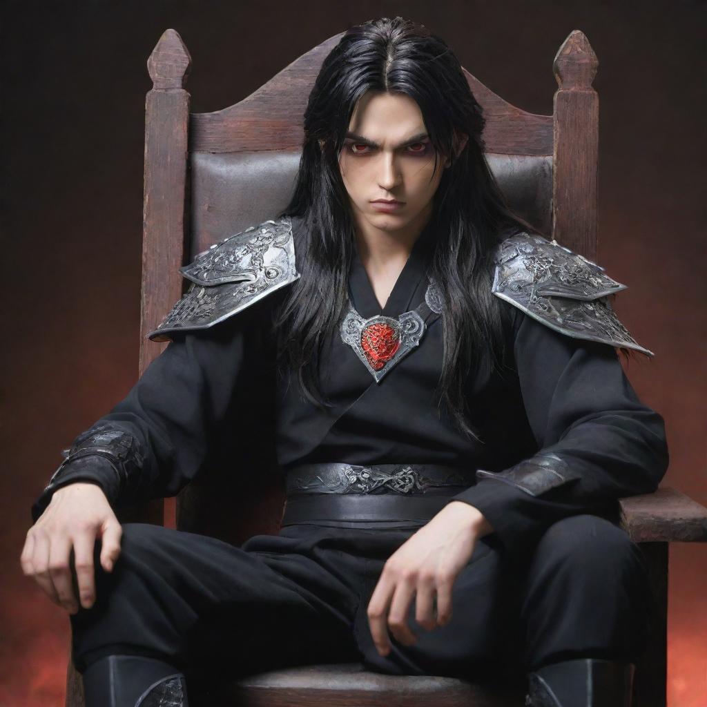 A teenage anime character sitting in a chair, slightly muscular with furious red eyes and long dark hair, emanating dark magic. He is dressed in traditional warrior clothes and looking ahead intently.