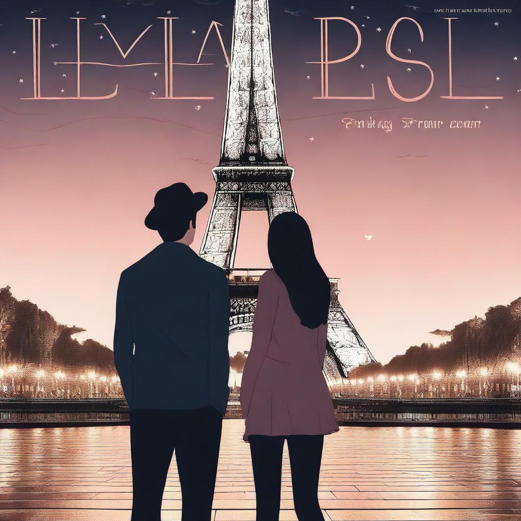 A teenage couple in love, standing in front of the Eiffel Tower at night