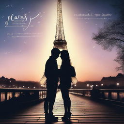 A teenage couple in love, standing in front of the Eiffel Tower at night