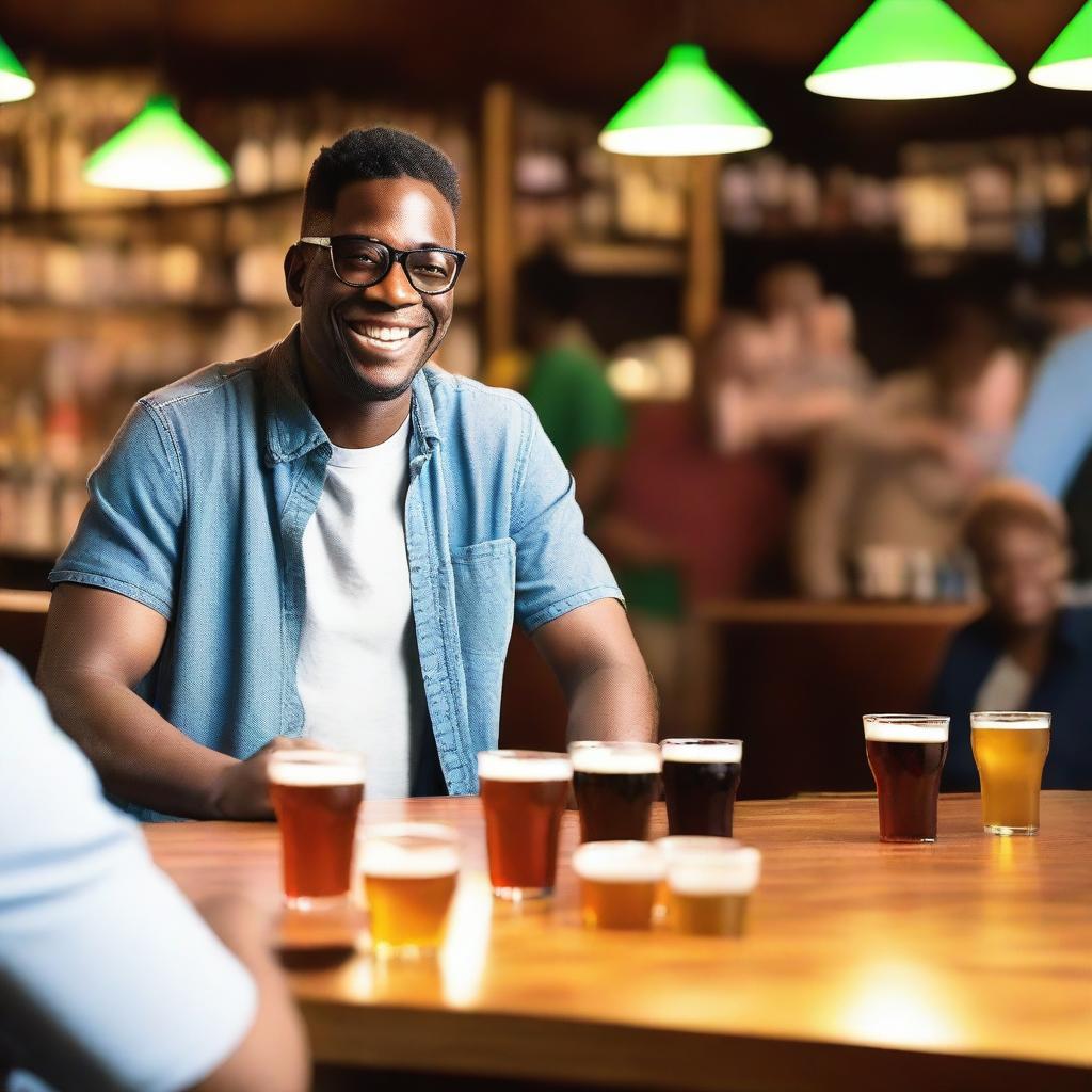 A man is surrounded by beer in a lively bar setting