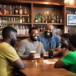 A man is surrounded by beer in a lively bar setting