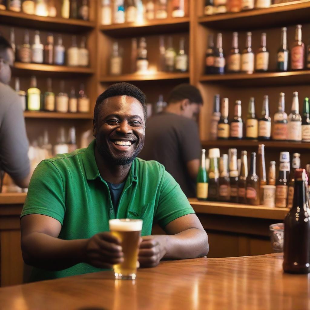 A man is surrounded by beer in a lively bar setting